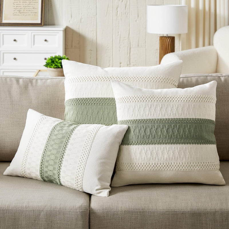 ZeeMart 2 Packs Cotton Boho Throw Pillow Covers 18x18 Inch Contrast Green  Soft Farmhouse Decorative Couch Pillow Cases Sage Green Cushion Covers for Sofa Bed Living Room Home Decor - Image 5
